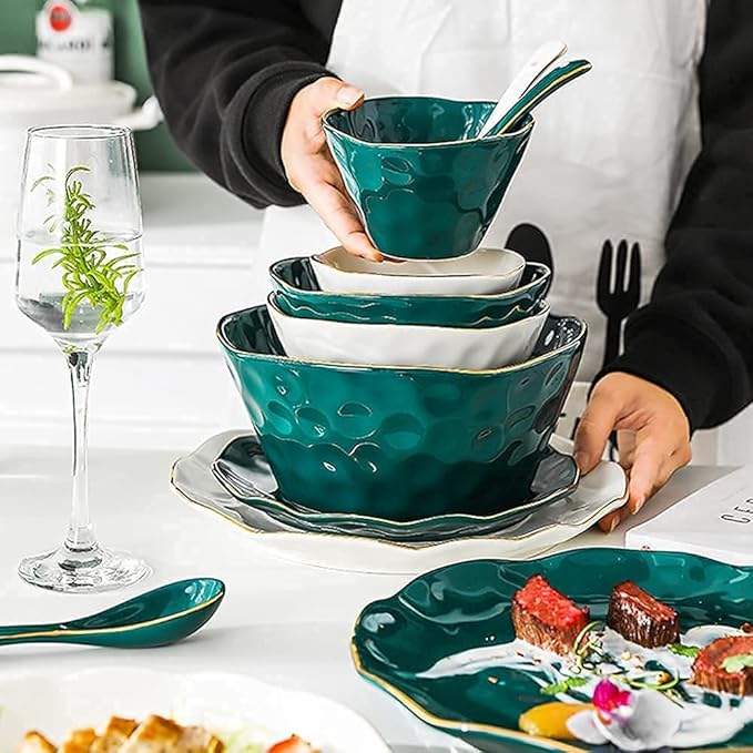 Dinnerware Sets, Tableware Set, Nordic Minimalist Style Plate and Bowl Sets, Green and White Mixed Ceramic Dinnerware Sets, Irregular Underglaze Kitchen Plate Set