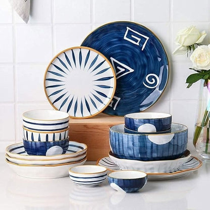 Porcelain Dinnerware Set, 28 Pieces Japanese Style Ceramics Dinner Sets | Plate/Bowl - Tableware Combination Set for Restaurant,Blue,White,Blue
