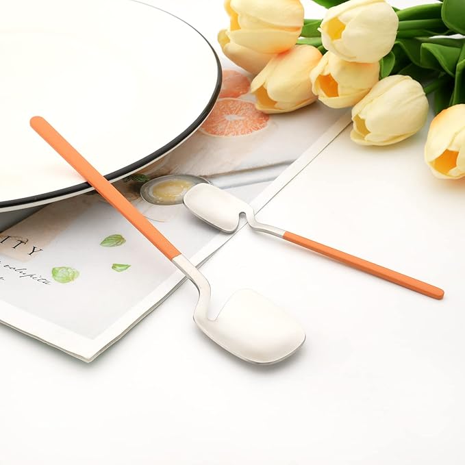 24pcs Household Cutlery Set, Matte Metal 18/10 Stainless Steel kitchen Utensils With Nice Coloured Handles For 6 People, Gift Box Packaged (Orange Silver)