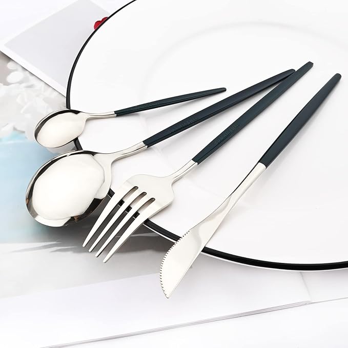 Mirror Cutlery Serving Set, 24-piece 18/0 Stainless Steel Silverware With Green Handle Simple & Modern Tableware For Home Party Restaurant Christmas Dinner, Service For 6 (Green Silver)