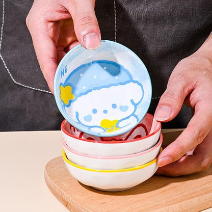 Cartoon Cat Dog Pig and Rabbit Pattern Mini Ceramic Tableware 3.8in Tomato Sauce Plate Sushi Plate Appetizer Plate 4-piece Set