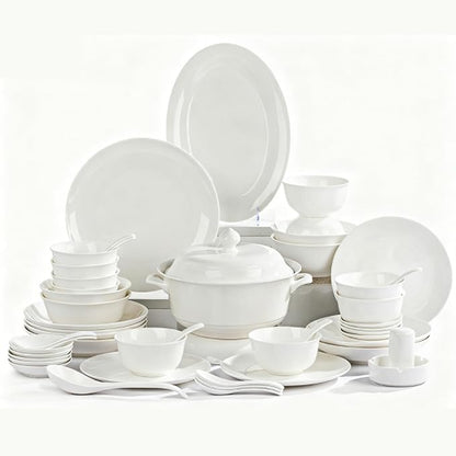 White Ceramic Dinnerware Set: Plates & Bowls for Kitchen, Microwave & Dishwasher Safe Dishes Collection (60pcs)