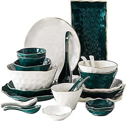 Dinnerware Set Dinner Party Tableware Service Set Nordic Minimalist Style Plate and Bowl Sets, Green and White Mixed Ceramic Dishware Sets, Irregular Underglaze Kitchen Plate Set