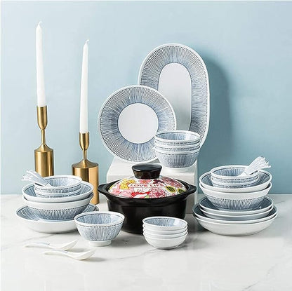 Plate and Bowl Set Fine Dinnerware Set,White Porcelain Dinnerware Set with Blue Line Stripes, Ceramic Plates and Bowls Sets