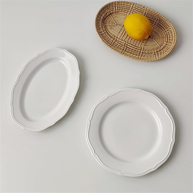 Dessert Plates Retro Lace Plate Simple Dinner Ceramic Salad Breakfast Dessert Home Restaurant Cafe Dinner Tableware(B,Large)
