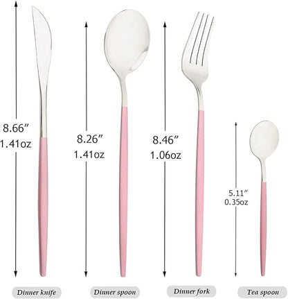 Mirror Cutlery Serving Set, 24-piece 18/0 Stainless Steel Silverware With Pink Handle Simple & Modern Tableware For Home Party Restaurant Christmas Dinner, Service For 6 (Pink Silver)