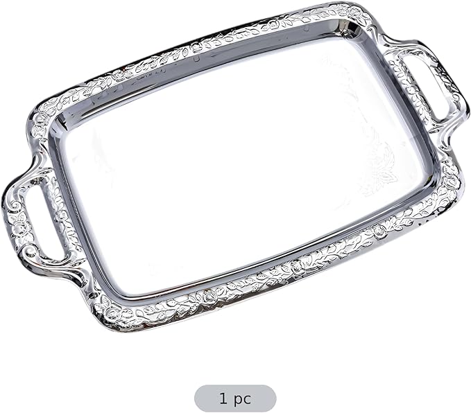 Metal Ottoman Tray, 16.1 In Silver Serving Tray With Handles, European Style Stainless Steel, Decorative For Coffee Tables, Food Display, Parties