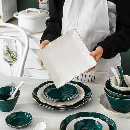 Dinnerware Sets, Tableware Set, Nordic Minimalist Style Plate and Bowl Sets, Green and White Mixed Ceramic Dinnerware Sets, Irregular Underglaze Kitchen Plate Set