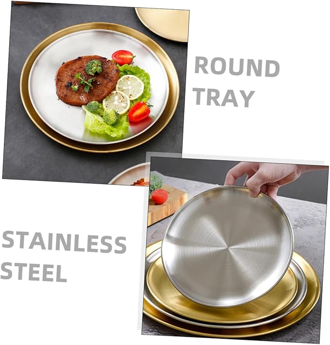 PRETYZOOM 1Pc Thickened Stainless Steel Food Serving Tray Round Grill Plate for Fruits Cakes and Snacks for Picnics Parties and Gatherings Finish