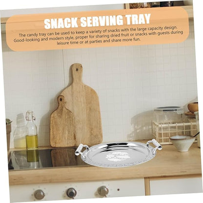 Round Floral Pattern Beverage Serving Tray Elegant European Style Decorative Plated Snack and Fruit Plate Stainless Steel Storage Holder for Residential and Hospitality Use Silver