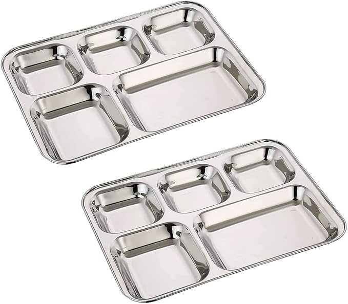 Satre Online and Marketing Stainless Steel Rectangle/Square 5 Section Compartment Lunch Plate Tray Set of 2