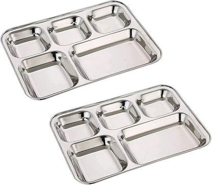 Satre Online and Marketing Stainless Steel Rectangle/Square 5 Section Compartment Lunch Plate Tray Set of 2