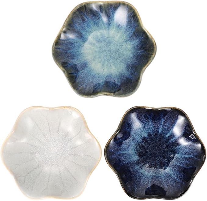 Unomor 3pcs Ceramic Sauce Plates Set with Leaf Pattern, Gradient Blue, Rice Straw, and Vintage White, Small Appetizer Dishes for Dining and Entertaining Random Color