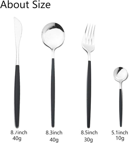 JASHII Flatware Serving Set 24 Piece, Stainless Steel Silverware Set, Titanium Black Silver Cutlery Set, Modern Elegant Tableware Set for Party, Christmas, Dinner (Black Silver)