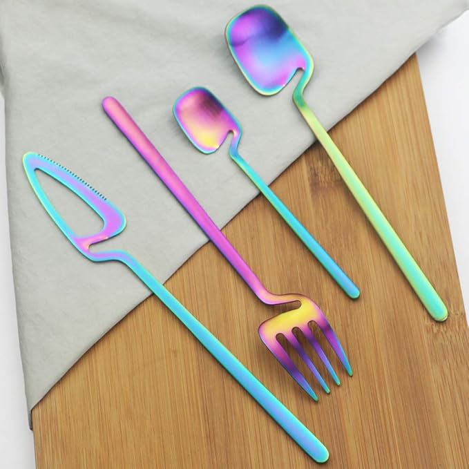 18/10 Stain Multicolor Flatware Serving Set Silverware Set 304 Stainless Steel Flatware Cutlery Set| 4-Piece Adaline Royal Modern Matte Finish|Christmas Birthday Wedding Gift (Rainbow)