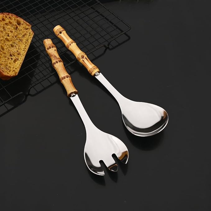 JASHII 4-piece Silver Stainless Steel Flatware Cutlery Serving Set Silverware Knife Fork Spoon Set Bamboo Handle Dishwasher Safe for Dinner Buffet