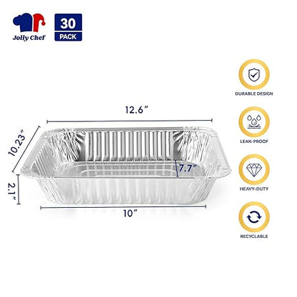 JOLLY CHEF 9x13 Aluminum Foil Pans (30 Pack) - Disposable Half Size Deep Steam Foil Pans for Roasting Turkey, Lasagna, Casseroles - Thanksgiving, Christmas, Parties, Catering