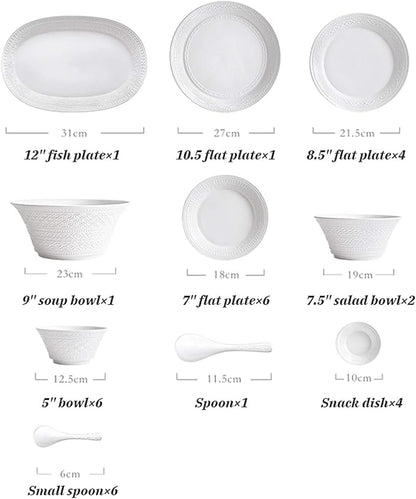 High-End Dinner Set,Ceramics Dinner Set,Pure White Relief Light Luxury 32 Pieces Bone China Dinnerware Sets | European Style Porcelain Steak Plates and Cereals Bowls for,