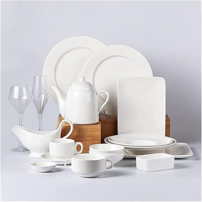 Dinnerware Set Luxury Family Dinner Service Set, 32pcs Pure White Ceramics Dinner Sets, Complete Porcelain Combi-Set, Fine Plates Bowls and Cups, Microwave and Dishwasher