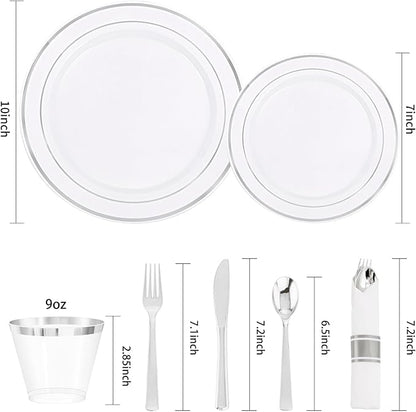 DaYammi 350PCS Silver Plastic Dinnerware Set for 50 Guests, Fancy Disposable Plates for Party, Include: 50 Dinner Plates, 50 Dessert Plates, 50 Pre Rolled Napkins with Silver Silverware, 50 Cups