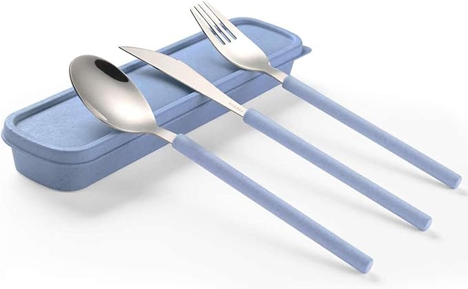 Portable Home Utensils Reusable Flatware Set with Case, Stainless Steel Metal Travel Cutlery Lunch Tableware 3 PCs Size Fork Spoon Knife with Colored Handle(Fork Spoon Knife 1 set, Blue)