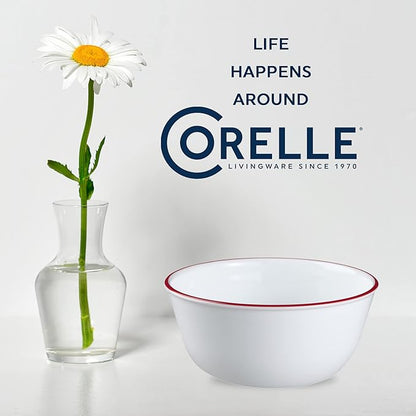Corelle Vitrelle Glass 6-PC Bowls Set, For Soup Cereal & Dessert, Chip-Resistant & Lightweight Bowl Dinnerware Set, Red Banded 28 OZ