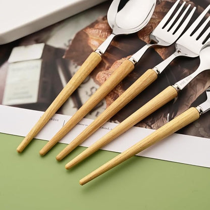 50-Piece Wood Handle Silverware Set 304 Stainless Steel Flatware Set Service For 10, Forks Spoons and Knives Set for Home, Restaurant, Wedding, Party (White Ash Wood)