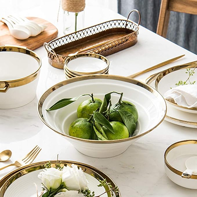 Party Tableware Set,Fine Dinnerware Set,Gold Halo White Porcelain Dinnerware Set,Complete Ceramic Plates and Bowls Sets