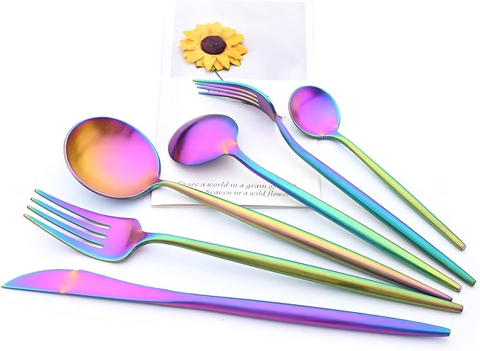 24Pcs Luxury Matte Gorgeous Flatware Set, 18/10 Stainless Steel Simple & Heavy Tableware Cutlery Set For Home Kitchen Wedding Restaurant Dinner, Service For 4 (Rainbow)