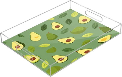 Serving Tray with Handles Clear Acrylic Tray 12x16 Inch Decorative Rectangular Tray Organizer for Ottoman Coffee Table Bathroom Green Avocado and Leaves