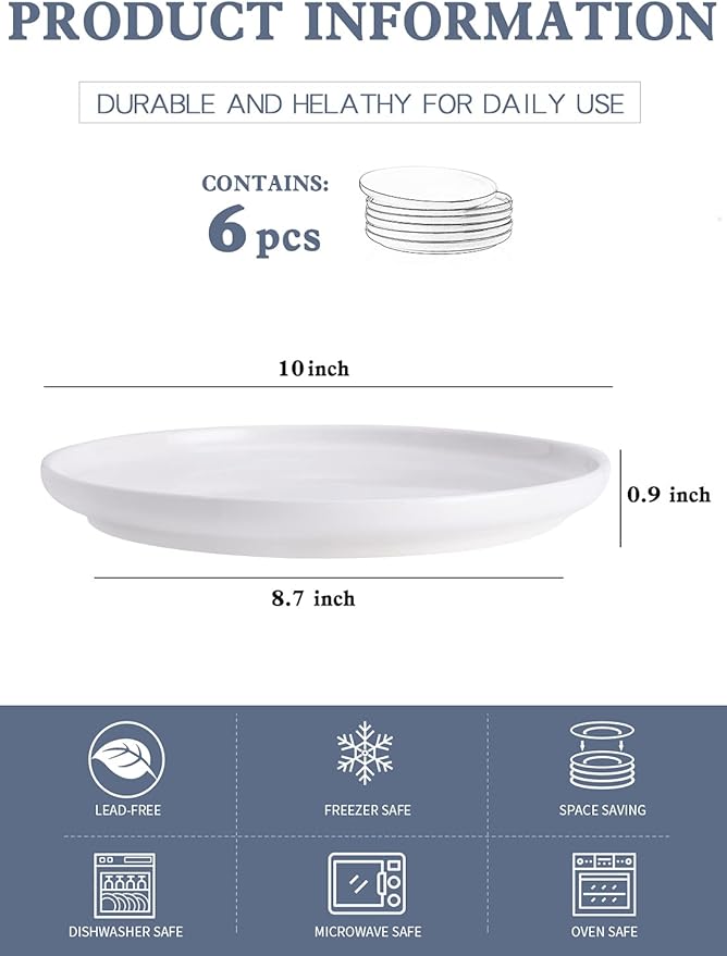 Kanwone Porcelain Dinner Plates - 10 Inch - Set of 6, White, Microwave and Dishwasher Safe Plates, White Dishes, Morden Plates