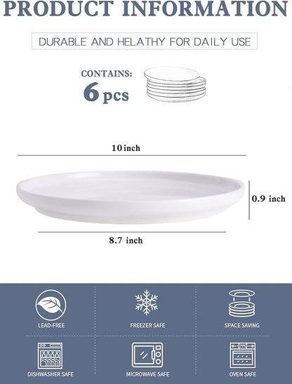 Kanwone Porcelain Dinner Plates - 10 Inch - Set of 6, White, Microwave and Dishwasher Safe Plates, White Dishes, Morden Plates
