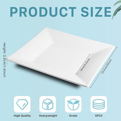 Appetizer Plates Set of 6,10 Inch Porcelain Square Dinner Plates,White Salad Plates,Square Serving Plate for Steak,Pasta,Dessert, Scratch Resistant, Microwave and Dishwasher Safe