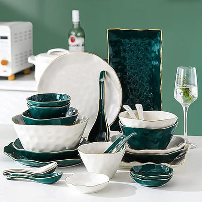 52 Pcs Dinnerware Sets, Nordic Style Bone Porcelain Tableware Set with Plates Dish and Bowls, Green White Ceramic Dinner Set with Gold Rim for Home Kitchen and Dinning, S