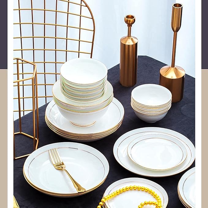AB-Grade Porcelain Plate and Bowl Set,36PCS Ceramic Dinnerware Set Tableware Dishes Plates Ceramic Combination Dinner Service Set Porcelaine Service for 6, White with Gold Edge Luxury Tableware S