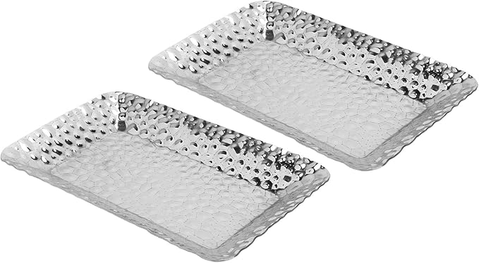 2PCS Stainless Steel Towel Tray, Rectangular Serving Tray, Decorative Vanity Platter Tray for Bathroom Counter Storage, Silver Stainless Steel with Elegant
