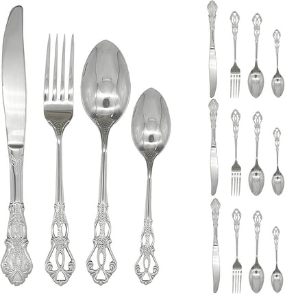 24Pcs Vintage Baroque Silverware Set 18/10(304) Stainless Steel Luxury Antique Western Royal Style Flatware Set include Hollow Relief Handle Spoon Fork Knife, Service for 6
