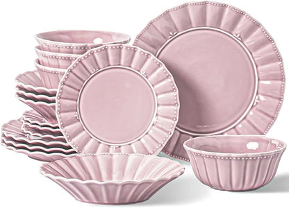 HOMBENE Plates and Bowls Sets for 4, 16 Piece Dinnerware Sets, Porcelain Plate set, Ceramic dish set, Wedding kitchen & dining, Microwavable Dreamy Sakura Pink