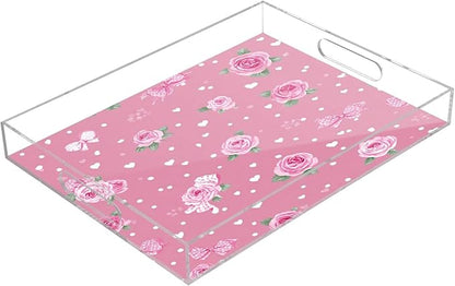 Serving Tray with Handles Clear Acrylic Tray 12x16 Inch Decorative Rectangular Tray Organizer for Ottoman Coffee Table Bathroom Pink Valentine Heart Roses Bows