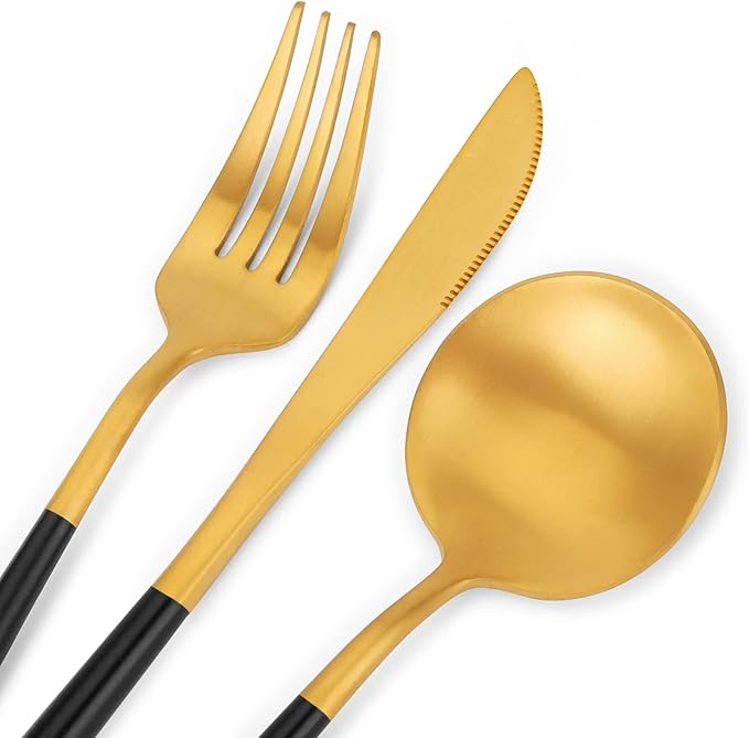 Matte Gold Silverware Set, SHARECOOK 20-Piece Stainless Steel Satin Finish Flatware Set Service for 4, Kitchen Utensil Set, Tableware Cutlery Set for Home and Restaurant, With Black Handle