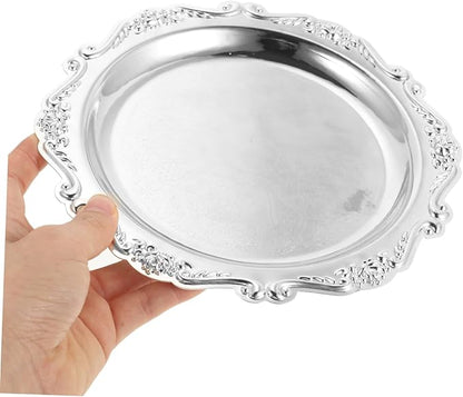 OUNONA Embossed European Style Fruit Plate Silver Alloy Dessert Holder Snack Serving Tray for Home Weddings Parties Candy and Cake Display Decorative Food Storage Dish