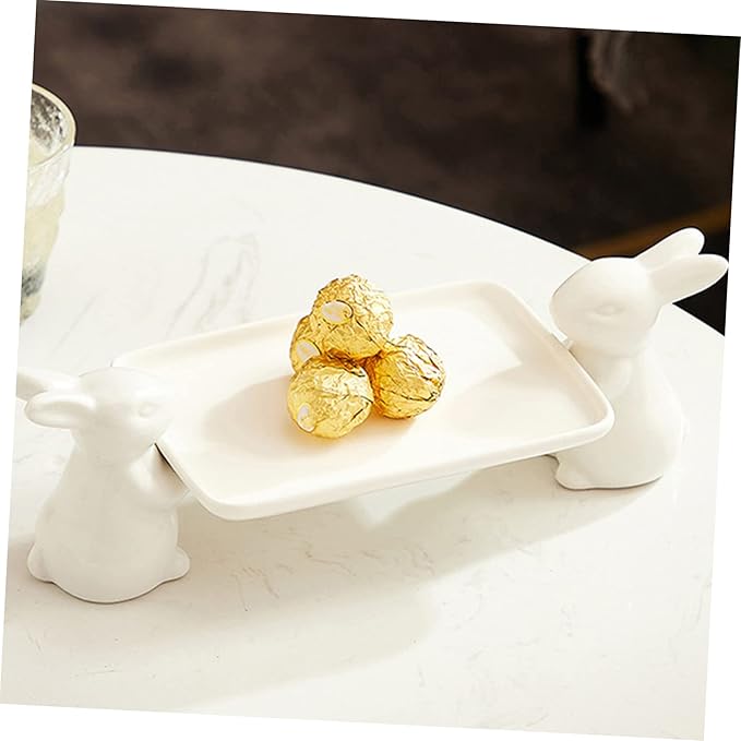 Ceramic Bunny Dessert Serving Tray Gold and Silver Accents Decorative Snack Plate for Candy Jewelry and Appetizers Elegant High Foot Design for Parties and Gatherings