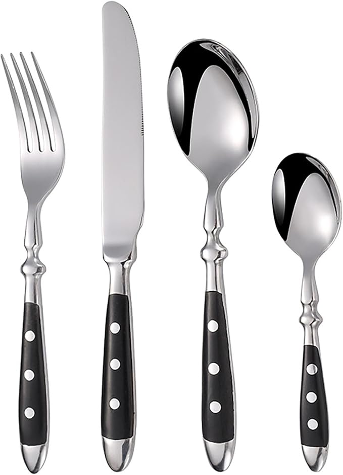 IKXO 16 Pieces Black Gum Wood Handle Silverware Set for 4, Exquisite Ergonomic Flatware Set Food-Grade Stainless Steel Cutlery Set, Tableware Eating Utensils, Mirror Finished, Dishwasher Safe…