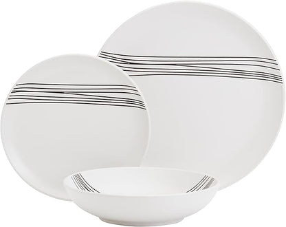 Tabletops Gallery 12-Piece Embossed White Black Striped Stoneware Dinnerware Set of Kitchen Dishes, Round Dinner Salad Plates Cereal Bowls, Service for 4, Skye