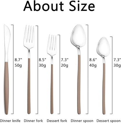 JASHII Slim Handle Silverware Set 20 Pieces, 304 Stainless Steel Colorful Flatware Set, Titanium Plating Cutlery Set, Utensil Sets for Home Dinner Service for 4, Dishwasher Safe - Brown&Silver