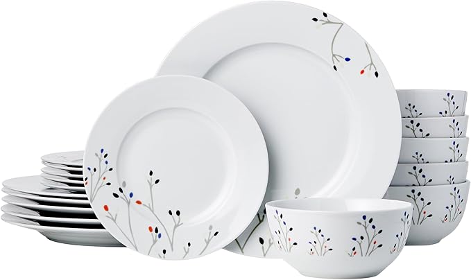 Amazon Basics Dinnerware Set, Microwave and Dishwasher Safe, Service for 6, 18-Piece Complete Kitchen, Plates, Dishes, Bowls, Branches