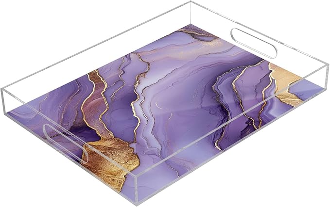 Clear Tray Marble Silver Purple Fresh Acrylic Serving Tray with Handles 12x16 Clear Trays for Serving Food Spill-Proof
