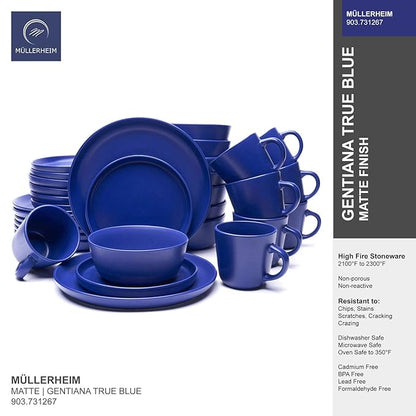 MÜLLERHEIM 903 Minimalist Collection 32-Piece Contemporary Ceramic Stoneware Dinnerware Sets for 8, Gentiana True Blue Plates and Bowls sets, Dinner Plates Set, Salad Dish Set, Bowls, Cup