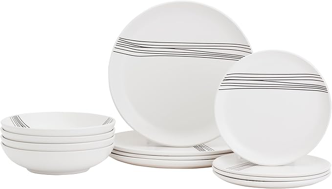Tabletops Gallery 12-Piece Embossed White Black Striped Stoneware Dinnerware Set of Kitchen Dishes, Round Dinner Salad Plates Cereal Bowls, Service for 4, Skye