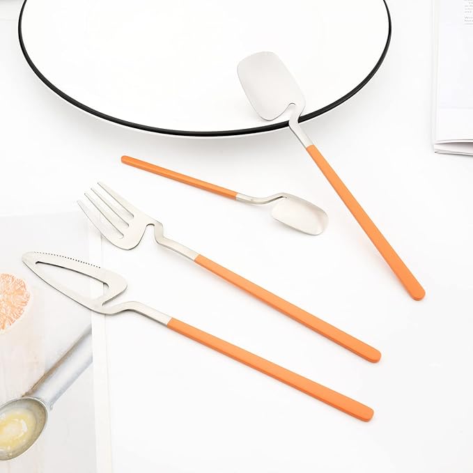 8 Pcs 304 Stainless Steel Flatware Set For 2 People, Matte Creative Hanging Cutlery With Bright Orange Handles, Daily Use For Picnic Travel Hiking Couples And Friends (Orange Silver)